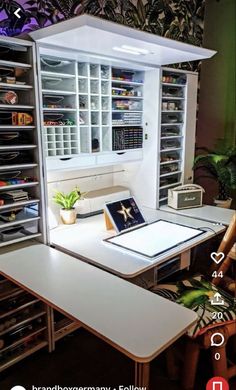 a room with a desk and shelves filled with items