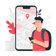 a man with a backpack looking at his cell phone while standing in front of a map