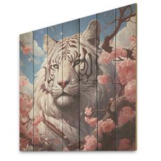 a painting of a white tiger with pink flowers