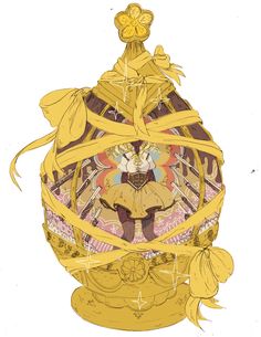 a drawing of a vase with yellow ribbons around it's edges and a woman standing in the center