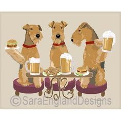 three dogs sitting at a table with beer and food