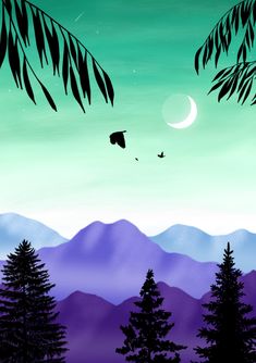 a painting of mountains and trees with the moon in the sky above them, as well as birds flying overhead