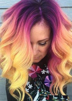 Most attractive yellow hair colors with its beautiful shades and highlights is really awesome choice for women to make them look cute and extra gorgeous. You just have to go through from our list of best yellow and purple hair colors to polish your look in 2019. #curlyhairtrends Hair Colors With Purple, Purple Yellow Hair, Colors With Purple, Purple Roots, Vivid Hair, Sunset Hair, Curly Hair Trends, Hair Colorful