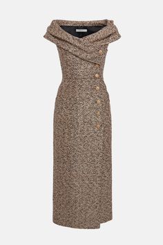 LUREX TWEED OFF THE SHOULDER DRESS – Alessandra Rich Tweed Dress Outfit Classy, Tweed Dress Outfit, Tweed Outfit, Lurex Dress, Brown Tweed, Off The Shoulder Dress, Tweed Dress