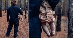 two pictures of people in the woods one is holding an infant and the other is walking