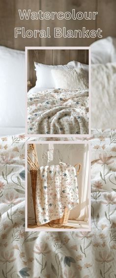 an image of a bed with flowers on it and the words watercolour floral blanket