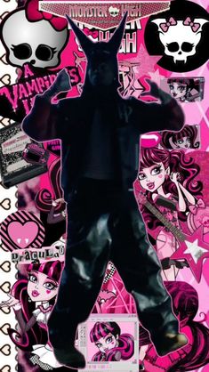 a person in a black hoodie and some stickers on a pink background with skulls