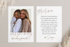 two women hugging each other in front of a white card with the words, meluna and will you be my bridesmaid?