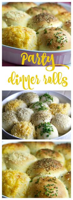 some food that is in a pan and on the table with words party dinner rolls