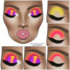 Colorful Eye Makeup Tutorial, Diy Eyeshadow, Virtual Makeup, Makeup Charts, Face Charts, Makeup Face Charts, Makeup Tutorial Eyeshadow, Face Chart, Eye Makeup Steps