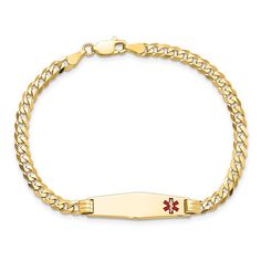 Introducing our 14k yellow gold medical alert curb link ID bracelet, designed specifically for her. This stunning bracelet combines style and functionality, making it the perfect accessory for any occasion. Crafted with high-quality yellow gold, this bracelet exudes elegance and sophistication. Not only does this bracelet make a fashion statement, but it also serves as a medical alert bracelet. With its ID feature, it allows you to engrave important medical information, ensuring your safety and peace of mind. Whether you're looking for a bracelet for yourself or a loved one, this piece is suitable for both women and men. The curb link design adds a touch of uniqueness and charm to this bracelet. Its sturdy construction ensures durability, making it a long-lasting investment. With its adjus Medical Alert Bracelet, Medic Alert Bracelets, Link Design, Medical Alert, Id Bracelets, Medical Information, Fine Jewelry Bracelets, Bracelets And Charms, Solid Yellow