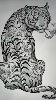 a drawing of a tiger sitting on its hind legs and holding a flower in it's mouth