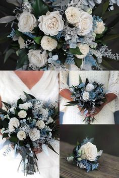 wedding bouquets with blue and white flowers are shown in three different pictures, including the bride's bouquet