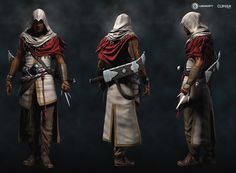 the concept art for an upcoming video game is shown in three different poses, including two men with swords