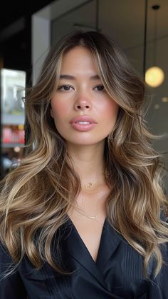 Long Hair, Layered Front: 22 Captivating Haircut Ideas for Stunning Transformations Chocolate Brown Face Framing Highlights, Long Effortless Hair, Honey Blonde Lowlights On Brown Hair, Melted Hair Color Brown Brunettes, Lose Waves Medium Length Hair, Long Soft Waves Hair, Brown Hair With Highlights Blue Eyes, Feminine Hair Color, Soft Face Framing Highlights