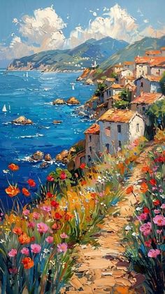 an oil painting of flowers and houses by the ocean