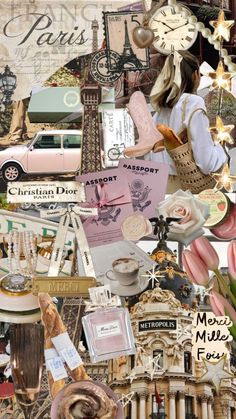 a collage of many different things including flowers, clocks and other things in the background