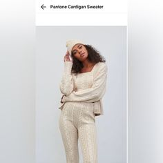 Xl In The Crop Cardigan And Large In The Cable Knit Leggings Comes As A Set In The Color Sand Free People Hailee Sweater Set Tan, Cutwork Dress, Umbrella Dress, Knit Lounge Set, Cable Knit Pattern, Winter Trousers, Floral Trousers, Loose Fitting Tops, Polka Dress