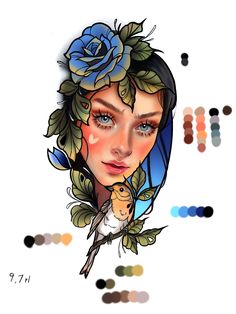 a woman's face with flowers and leaves on her head, surrounded by color swatches