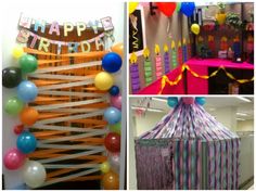 several pictures of birthday decorations and balloons