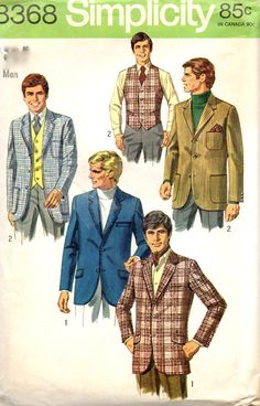 Simplicity 8368 1960s Mens Vest and Shaped Jacket Pattern Adult Vintage Sewing Pattern UNCUT Chest 36 NO ENV Or Chest 40 70s Jacket, Blithe Spirit, Vest Sewing Pattern, Sewing Vintage, Blazer Pattern, Vintage Man, Vintage Mens Fashion, Jacket Vest