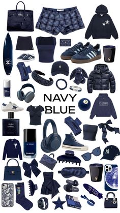 many different items are arranged in the shape of a collage with words navy blue