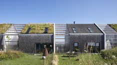 a house with grass on the roof and windows