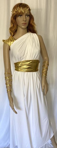 Grecian Roman Egyptian Toga Aphrodite Gown Venus dress Spartan Goddess costume role play.  Tunic is 54 inches  long. Spartan gown can come in many color options. includes gold belt, 2 arm/leg wraps and gold leaf  crown. Demeter Costume, Aphrodite Goddess Costume, Athena Goddess Costume, Gold Halloween Costume, Grecian Goddess Costume, Roman Tunic, Aphrodite Costume, Goddess Costume Diy, Greek Goddess Outfit