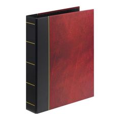 a red and black binder with gold trimmings on the bottom, in front of a white background