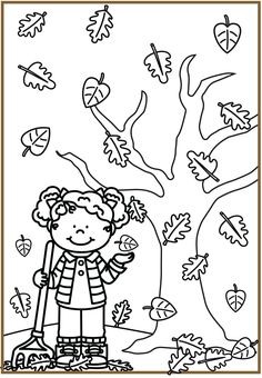 a black and white drawing of a girl standing in front of an autumn tree with leaves