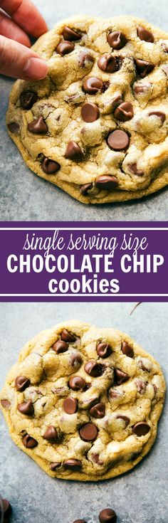 two chocolate chip cookies on top of each other with the words, single serving size chocolate chip