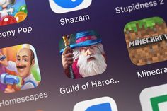 an image of some app icons on a cell phone or computer screen with the text happy pop, shazam, build of hero, minecraft, and homescapes