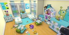 a cartoon bedroom with monsters on the walls and furniture in blue, green and yellow colors