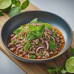 a bowl filled with meat and vegetables on top of a cutting board next to sliced limes