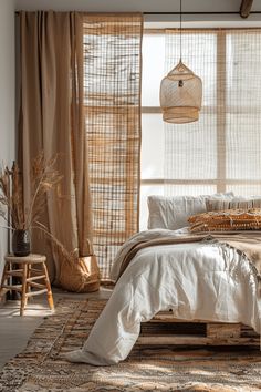 a bed sitting in a bedroom next to a window covered in sheer curtains and pillows