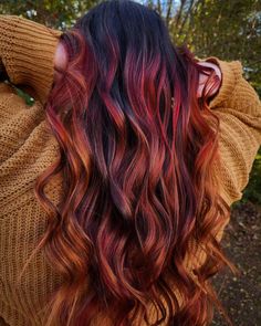 New Two Tone Hair Color Trends Multicolor Red Hair, Auburn Highlights In Red Hair, Multi Red Hair, Fall Leaf Hair Color, On Trend Hair Colour, Fall Themed Hair Color, Wine Red And Blonde Hair, Fun Hair Color Ideas For Brunettes Purple Red Highlights, Copper Hair With Dark Roots Red Ombre