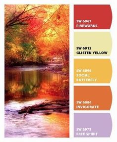 the color scheme for an autumn scene with water and trees in fall colors, including oranges, yellows, and reds