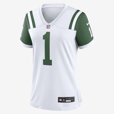 Rep one of your team's top stars with this New York Jets Jersey. Proper ventilation and a form fit help provide a dry, comfortable wear with the authentic look of the on-field uniform. White Sporty Jersey For Football Season, White Football Season Sports Jersey, White Jersey For Football Season Sports, White Sports Jersey For Football Season, White Sporty Jersey With Team Logo, White Moisture-wicking Jersey For Game Day, White Sportswear Top For Game Day, White Jersey For Fan Gear, White Jersey For Sports Season