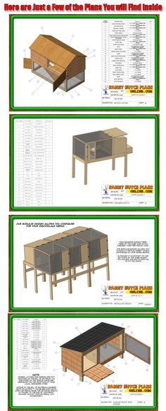 the plans for an outdoor chicken coop are shown in three different views, including one with two