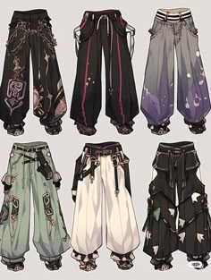 four different types of pants with chains on the bottom and one in black, white, blue