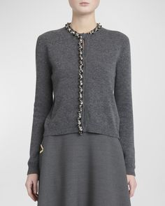 Valentino Garavani wool knit cardigan features beaded and sequin embroidery at the trim     Crew neckline    Buttonfront closure     Long sleeves    Ribbed trim     Hip length     Relaxed fit     Pullover style    Virgin wool    Made in Italy Cocktail Jacket, Sequin Embroidery, Embroidered Trim, Sequins Embroidery, Wool Knit, Wool Cardigan, Lingerie Sleepwear, Bergdorf Goodman, Knitwear Women