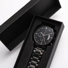 A personalized gift that can withstand constant use, this Engraved Design Black Chronograph Watch is the perfect gift for all the special men in your life. A thoughtful groomsmen gift, an anniversary memento, or a long-lasting keepsake for Father’s Day - it's a versatile piece sure to warm hearts and create smiles. Featuring a three-dial face, calendar function, and luxury pointer in a water-resistant and scratch-proof vessel. Made from high-quality Stainless Steel and featuring a Copper Dial. Ships in a gift box - so it can be sent directly to your lucky recipient. Product Details Stainless Steel (316L) Luxury Copper Dial Quartz Movement Water-resistance rating 3ATM (30m/100ft) Face Diameter 1.5″ (38.1mm) Watch Strap 7″ (177.8mm) Adjustable Clasp 3″ (76.2 mm) Engraved Watch, Personalized Watches, Watch Engraving, Engraved Design, Kids Names, Groomsmen Gift, Custom Watch, Watch Gifts, Wristwatch Men