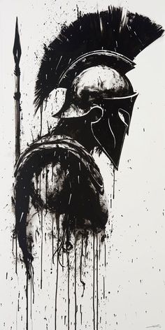 a black and white drawing of a spartan helmet with paint splattered on it