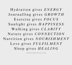 the words are written in black and white on a gray background that says, hydration gives energy journaling gives growth exercise gives focus sunlight gives happiness walking gives