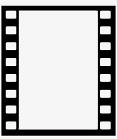 a black and white film strip with squares on the edges, in front of a white background