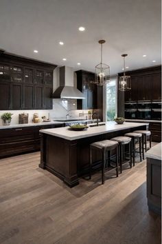 Traditional kitchen cabinets in a kitchen that has been well-maintained over the years Flooring For Dark Cabinets, Kitchens With Dark Wood Floors, Dark Cabinets With Light Floors, Dark Wood Cabinets Kitchen, Travertine Kitchen Floors, Kitchen With Dark Brown Cabinets, Kitchen Dark Cabinets, Dark Wood Kitchen