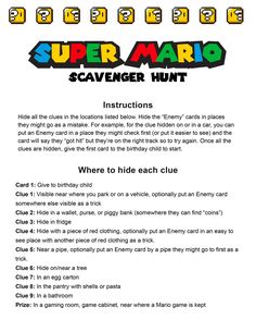 an advertisement for the game super mario scavenger hunt, with instructions on how to use