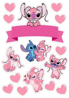 pink stickers with hearts and littlest pet shop characters on the bottom one has a banner that says, i love you