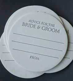 three white coasters with the words advice for the bride and groom on them