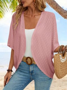 Women's Vacation Leisure Solid Color Batwing Sleeve Jacket Dusty Pink Casual  Half Sleeve Knitted Fabric Plain Other Medium Stretch  Women Clothing, size features are:Bust: ,Length: ,Sleeve Length: Women Coats, Flare Leg Pants, Belted Coat, Kids Beachwear, Batwing Sleeve, Light Jacket, Lightweight Jacket, Casual Jacket, Half Sleeve